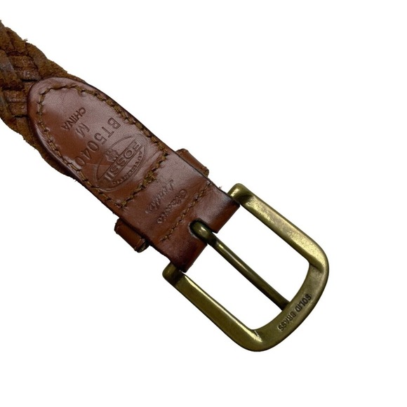 Fossil Brown Leather Belt Womens Medium Woven Brass Buckle 1" Adjustable Classic - Picture 7 of 7